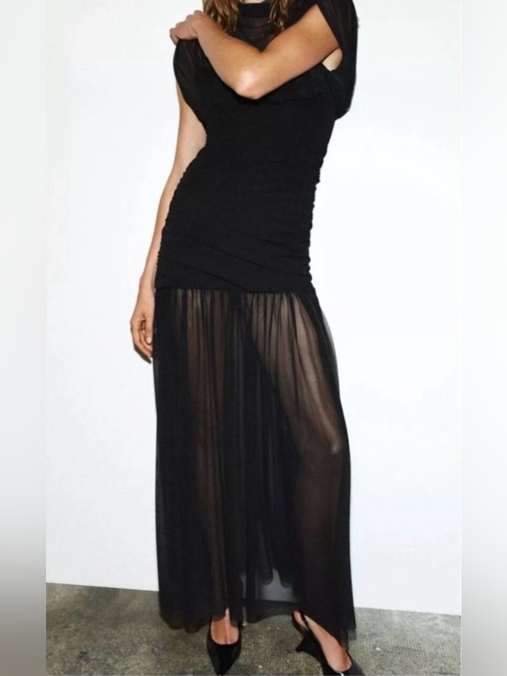 Zara Mesh Sheer Ruched Combined Draped Midi Dress High Neckline Black Large